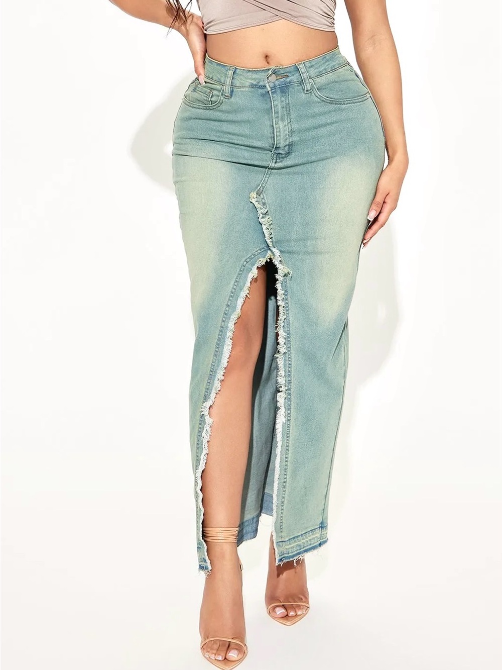 Fashion Nova Light Blue High-Rise Distressed Denim Maxi Skirt with Center Slit